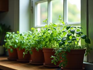 Indoor herb garden on a kitchen windowsill, culinary herbs, studio lighting