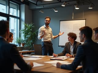 Innovation culture coach leading brainstorming session, creative office space, studio lighting