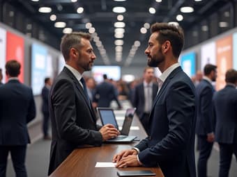 Job fair scene with professional talking to recruiter at booth, busy event hall
