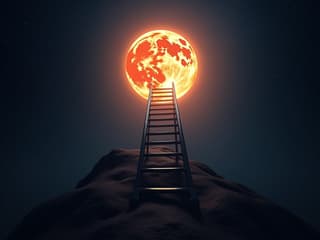 Ladder made of stars leading to a glowing planet, studio backdrop, dramatic lighting