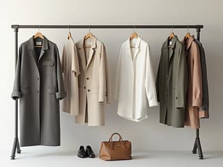 Minimalist wardrobe with versatile clothing pieces, studio lighting, fashion flat lay