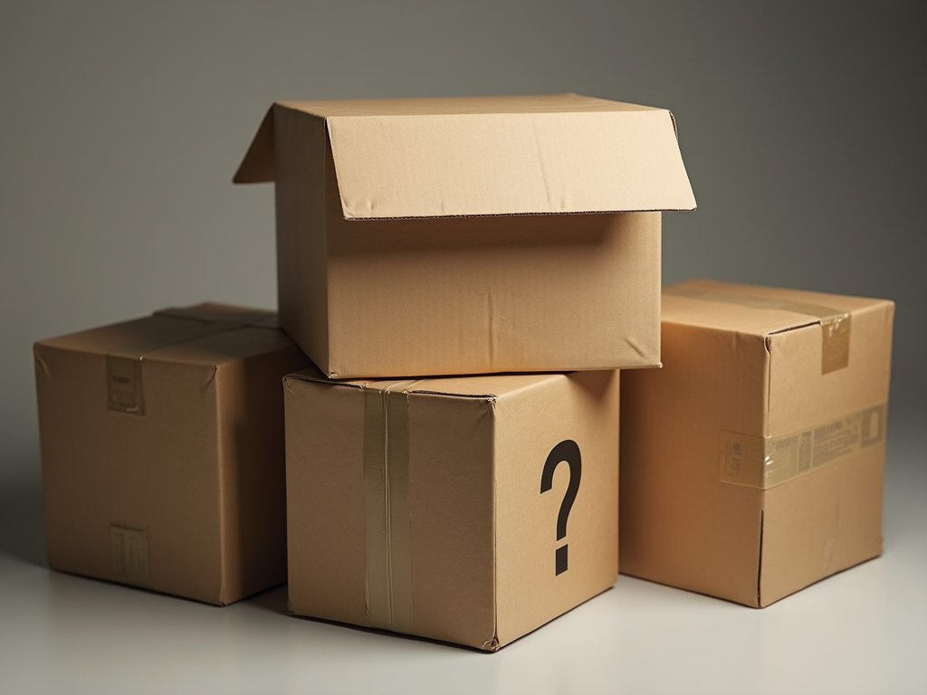 Moving boxes with a question mark, studio photography