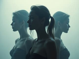 Multiple transparent silhouettes overlapping, studio portrait, ethereal lighting
