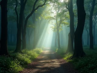 Mystical forest path illuminated by soft, ethereal light, studio photography, high resolution
