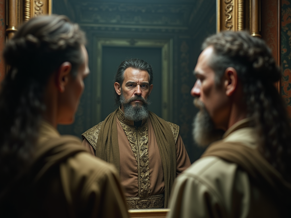 Mystical mirror reflecting historical figures, atmospheric studio shot, soft focus
