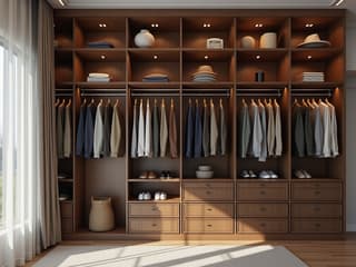 Neatly organized closet with well-maintained clothing, interior design photography