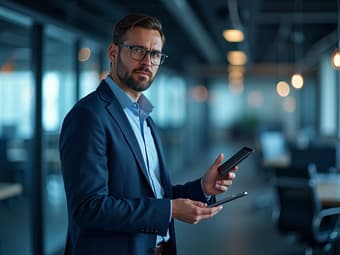 Networking specialist presenting networking strategies, modern office, professional portrait