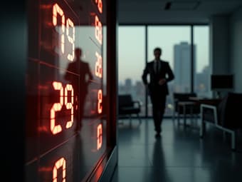 Office clock with multiple late punch-in times, silhouette of running employee in background
