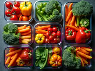 Overhead studio shot of weekly meal prep containers, colorful vegetables, professional lighting