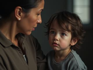 Parent and child in a tense conversation, with child looking away