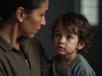 Parent and child in a tense conversation, with child looking away
