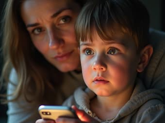 Parent trying to take away a child's phone, with a worried expression