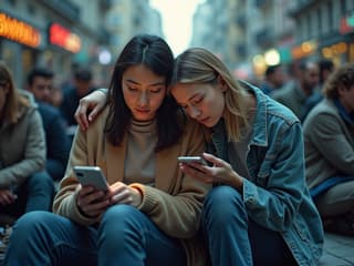 People connected by digital devices, some embracing, others isolated