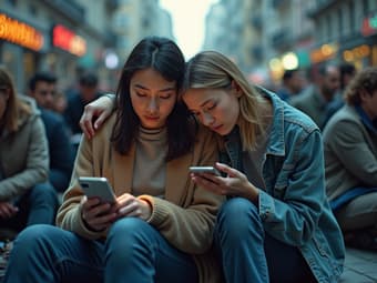 People connected by digital devices, some embracing, others isolated