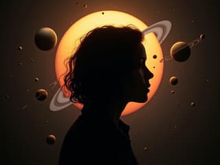 Person's silhouette with planets orbiting around their head, studio portrait, dramatic lighting