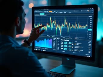 Person analyzing statistical data on a computer screen with charts and graphs