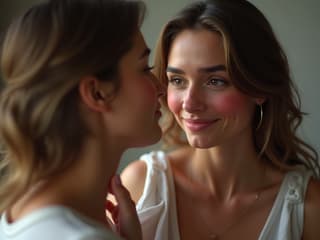 Person blushing while receiving a compliment, candid studio shot, soft lighting