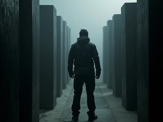 Person confidently facing a maze of obstacles, dramatic studio lighting, high contrast