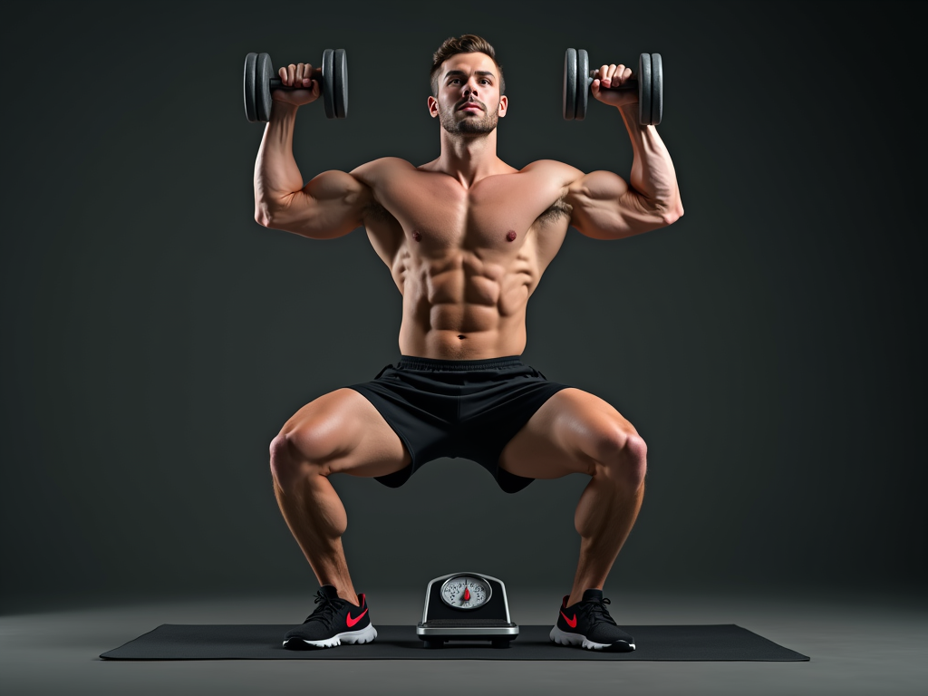 Person exercising with a weight scale in the background, studio photography