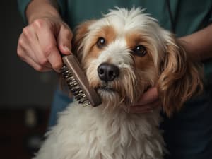 Person grooming dog with brush and grooming tools, proper coat care demonstration, studio lighting