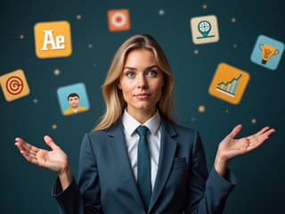 Person juggling multiple task icons with a calm expression