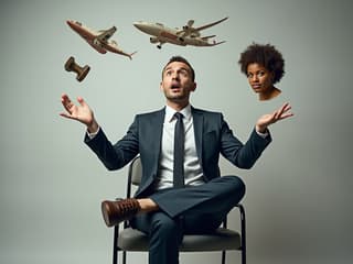 Person juggling work items and personal life symbols, balanced composition, studio photography