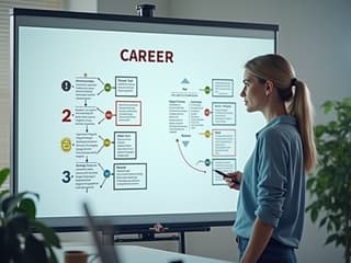 Person looking at a career roadmap on a whiteboard, office setting, professional studio shot