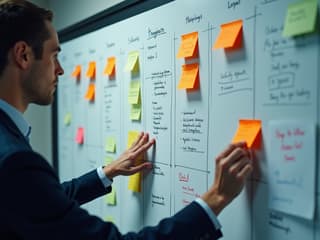 Person managing a complex project board with sticky notes and timelines, professional studio shot