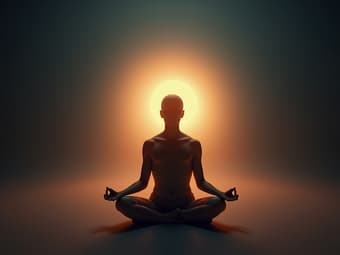 Person meditating with a glowing aura, soft studio lighting, stress relief theme