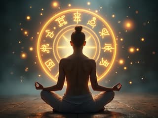 Person meditating with zodiac symbols floating around, studio setup, soft ambient lighting