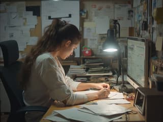 Person organizing a cluttered desk, looking determined