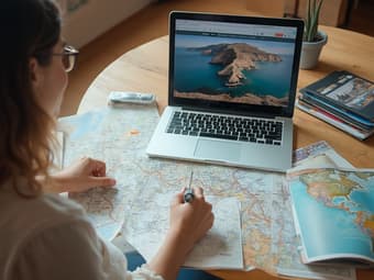 Person planning a trip with maps, guidebooks, and a laptop showing travel websites