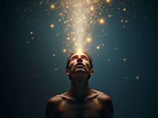 Person reaching up to the stars with a glowing aura, studio photography