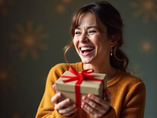 Person receiving a gift with joyful expression, studio portrait, bright colors