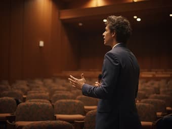 Person rehearsing a speech in an empty auditorium or conference room