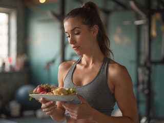 Person resisting post-workout overeating, trainer offering healthy alternatives