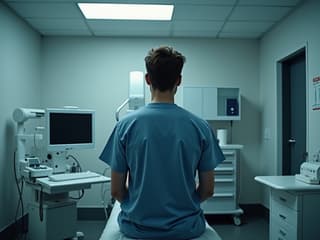 Person sitting on a doctor's examination table, studio lighting