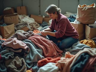 Person sorting through piles of clothes and donation bags