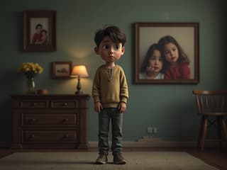 Person standing alone, looking sad, with a family photo in the background