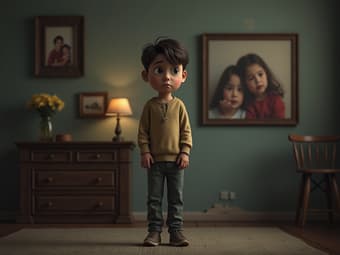 Person standing alone, looking sad, with a family photo in the background