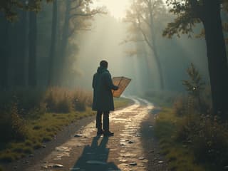 Person standing at a crossroads with a map, studio lighting