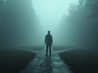 Person standing at a crossroads with multiple paths, mystical fog, studio lighting