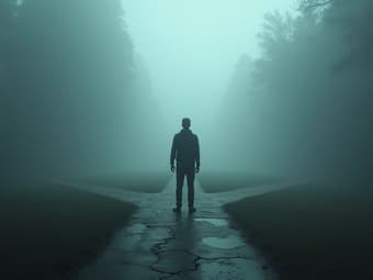 Person standing at a crossroads with multiple paths, mystical fog, studio lighting