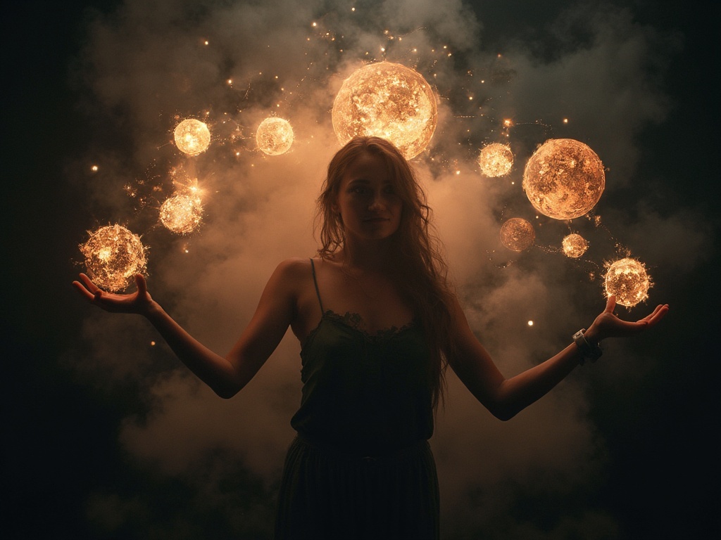 Person surrounded by glowing orbs representing different talents, mystical studio lighting