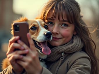 Person taking a selfie with a dog, with a smartphone