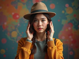 Person trying on different career hats, colorful studio backdrop
