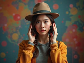Person trying on different career hats, colorful studio backdrop