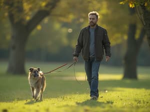 Person walking dog on leash in park, proper walking technique, outdoor setting, studio quality