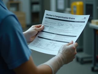 Person with arm in cast looking at workers' compensation form, workplace hazard signs visible
