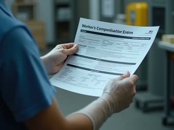 Person with arm in cast looking at workers' compensation form, workplace hazard signs visible